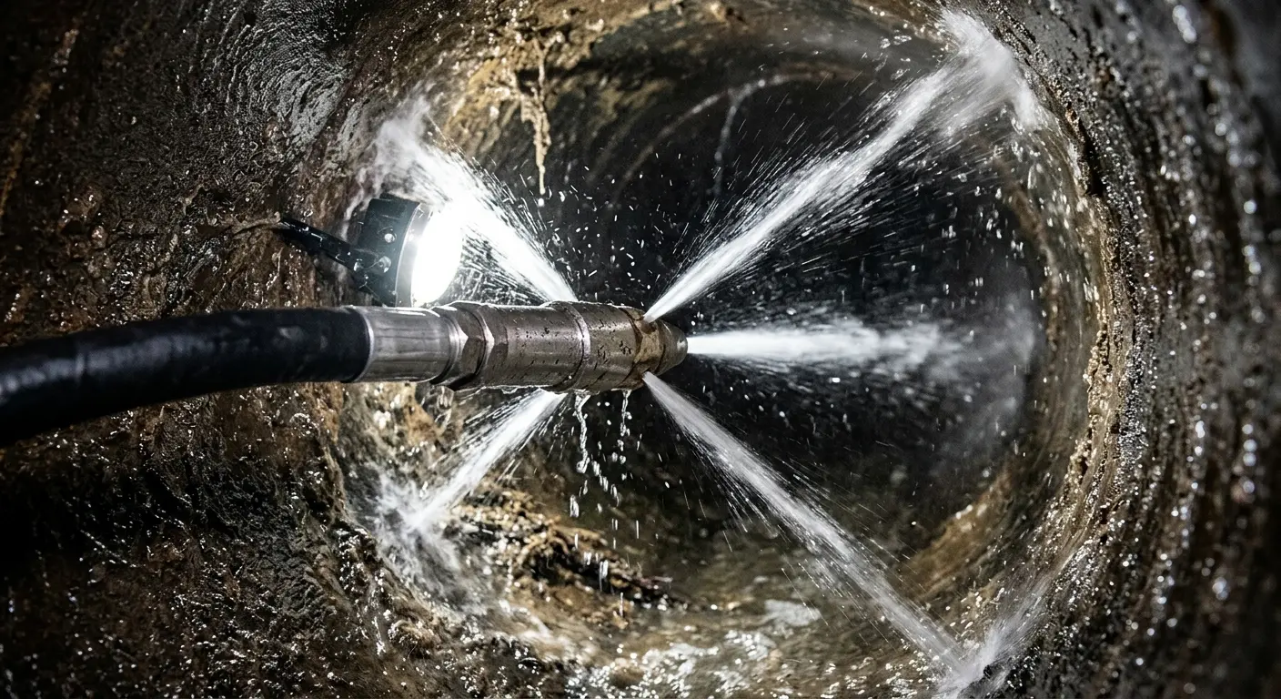 High-pressure hydro jetting nozzle cleaning sewer pipe for Trenchless Sewer Repair in Penn Hills