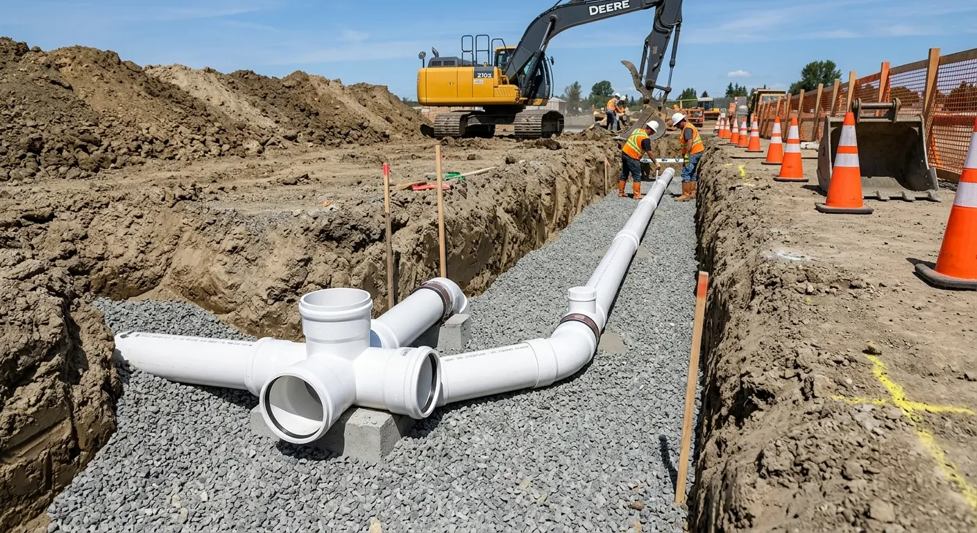 New PVC sewer pipe installation in open trench for Commercial Drain Cleaning in Penn Hills