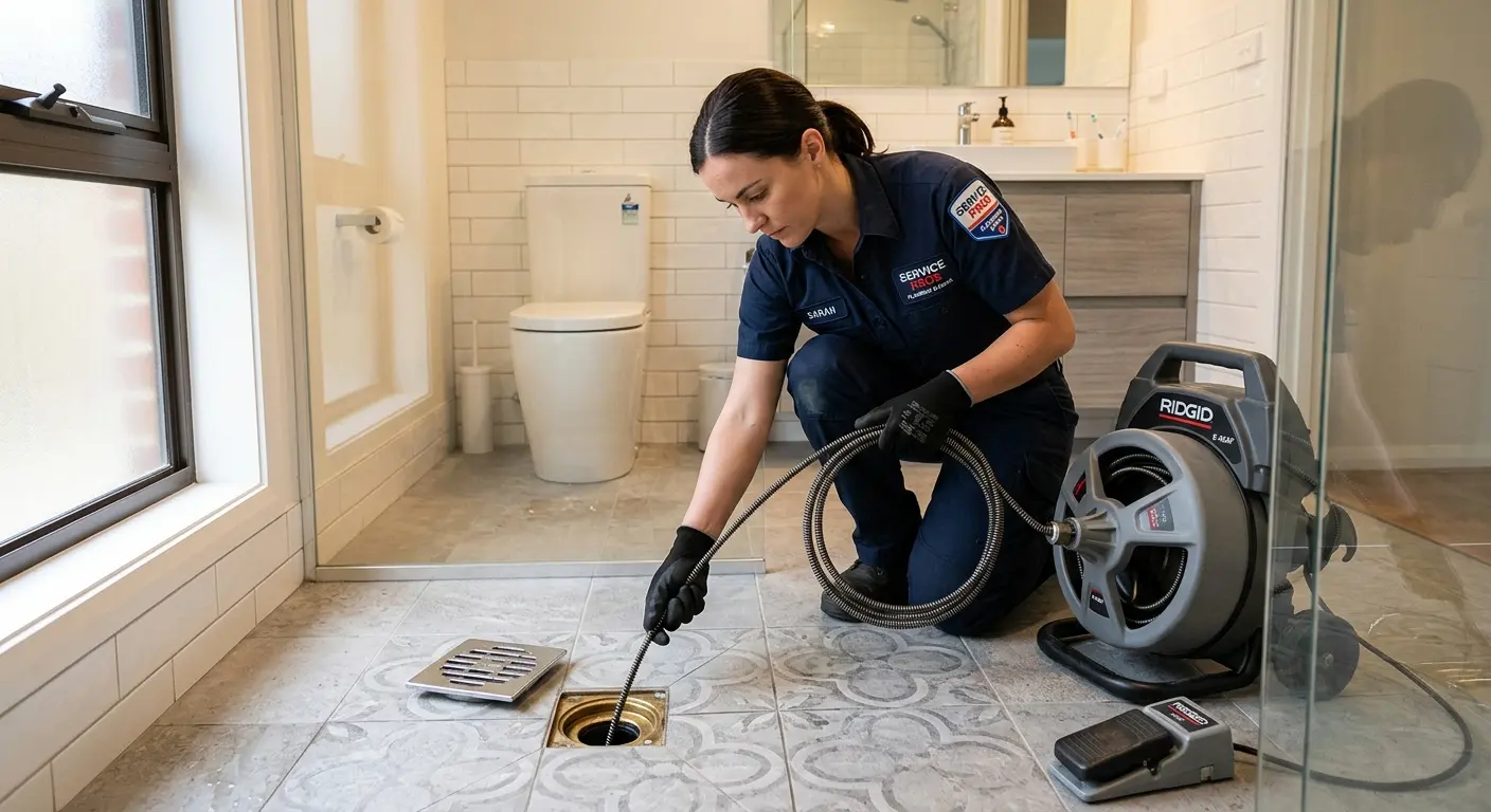 Technician clearing a bathroom floor drain for Clogged Drain Repair in Penn Hills